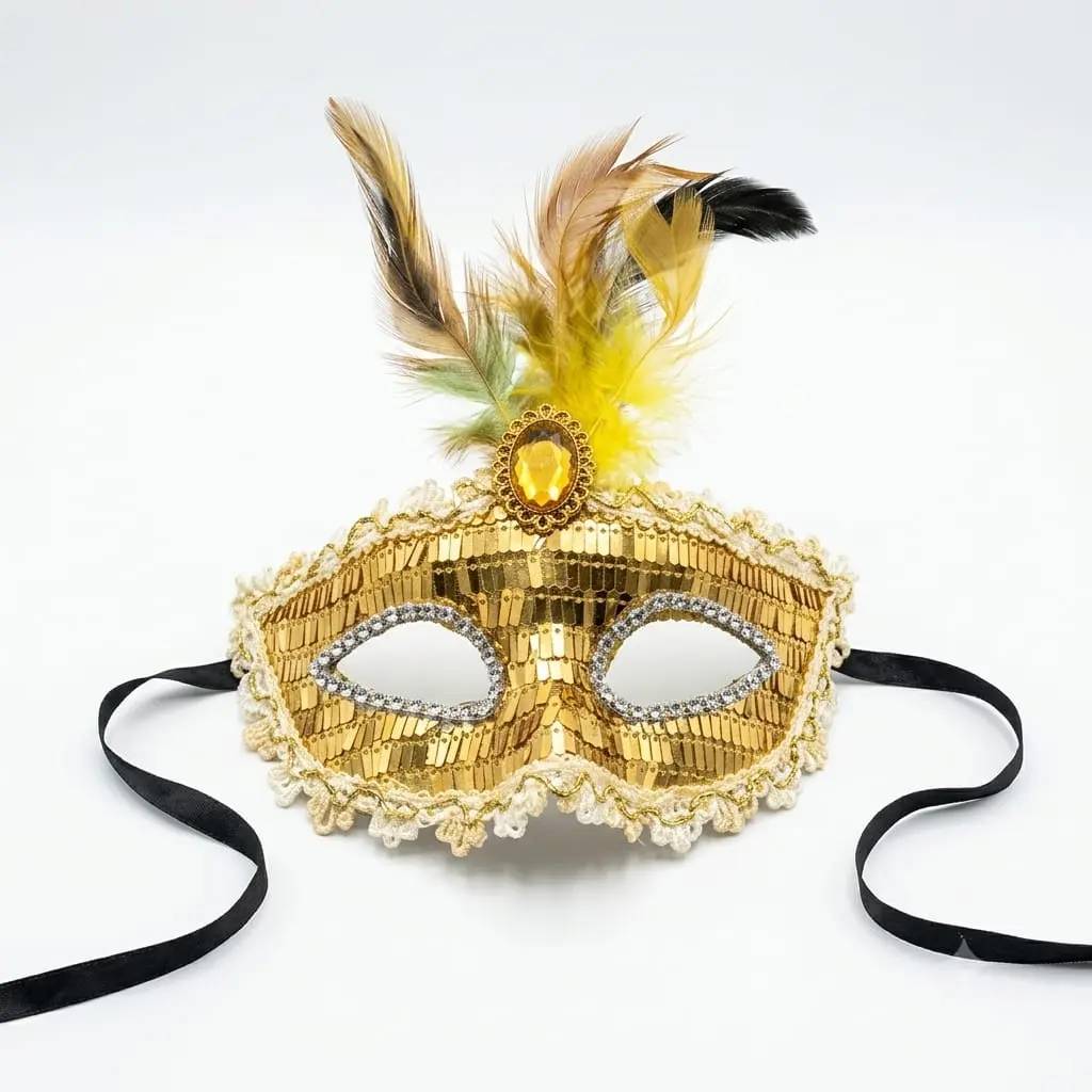 Golden eye mask with feather rent 100 deposit 300 sale 250 Golden eye mask - Image 1